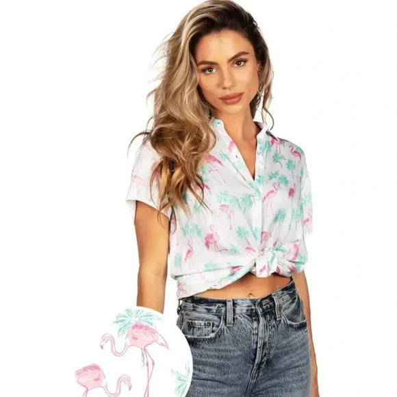 Tipsy Elves Single and Ready to Flamingle Hawaiian Button Up - Picture 1 of 8